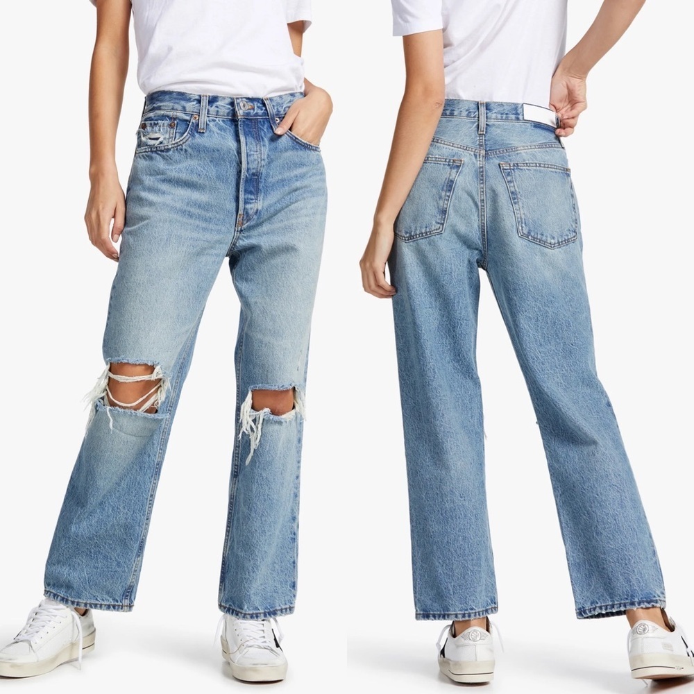 NEW Re/Done 90s Crop Low Slung Distressed Jeans Baggy Busted Knees Size 30 Denim